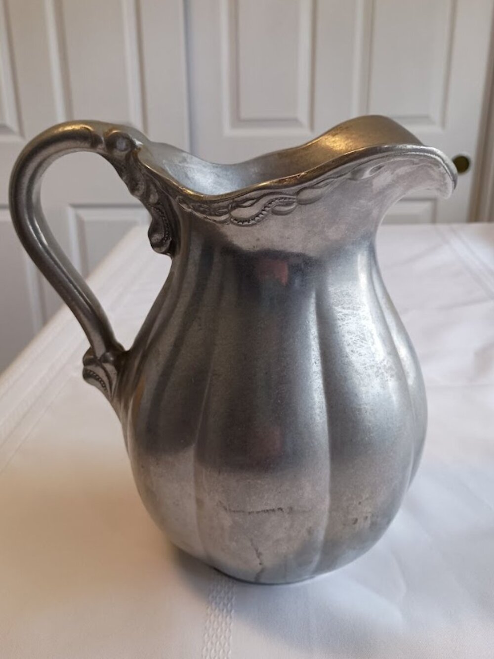 Vintage Pewter Water Pitcher Vase with Ornate Handle